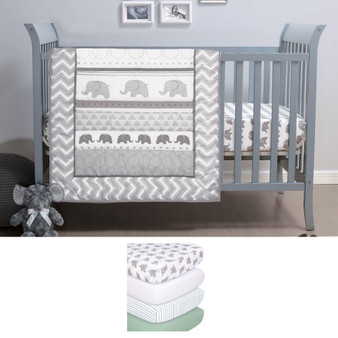 Elephant Walk 7 Piece Baby Nursery Crib Bedding Set, Quilt, Crib Sheets, and Crib Skirt