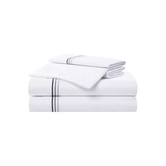 Sateen Twin Sheet Set, 1 Flat Sheet, 1 Fitted Sheet, 2 Pillowcases, 600 Thread Count, Sateen Cotton, Pristine White with Fine Baratta Embroidered 3-Striped Hem
