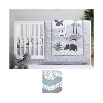 Green Dino 7 Piece Baby Nursery Crib Bedding Set, Quilt, Crib Sheets, Crib Skirt