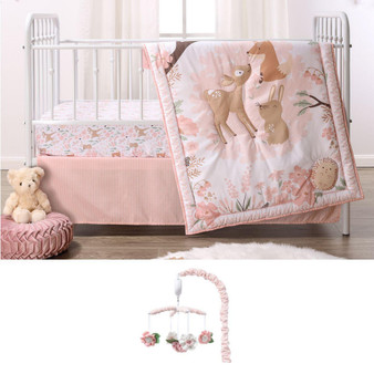 Fairytale Forest 4 Piece Baby Nursery Crib Bedding Set, Quilt, Crib Sheet, Crib Skirt, and Mobile