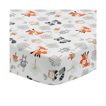 Woodland Friends Fox/Owl/Raccoon Fitted Crib Sheet - White