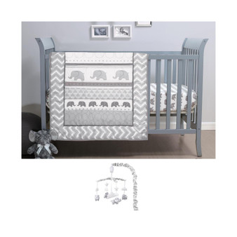 Elephant Walk 4 Piece Baby Nursery Crib Bedding Set, Quilt, Crib Sheet, Crib Skirt, and Mobile