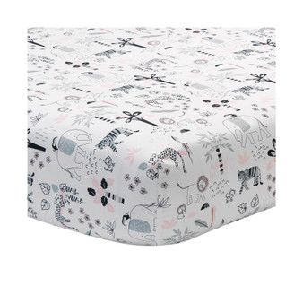Happy Jungle 100% Cotton Safari Animals Fitted Crib Sheet - White