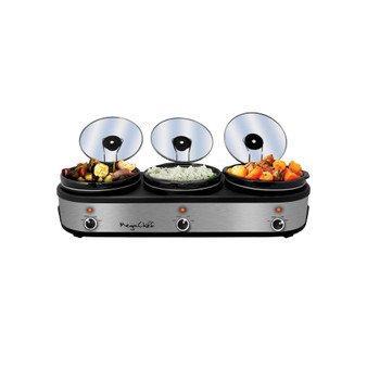 Triple 2.5 Quart Slow Cooker and Buffet Server in Brushed Silver and Black Finish with 3 Ceramic Cooking Pots and Removable Lid Rests