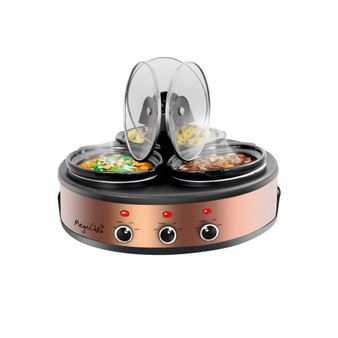 Round Triple 1.5 Quart Slow Cooker and Buffet Server in Brushed Copper and Black Finish with 3 Ceramic Cooking Pots and Removable Lid Rests