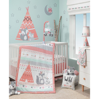 Little Spirit Coral/Mint/Gray Southwest Fox & Teepee Nursery 3-Piece Baby Crib Bedding Set