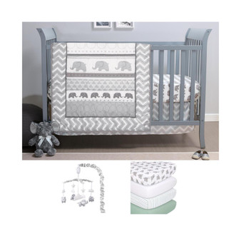 Elephant Walk 8 Piece Baby Nursery Crib Bedding Set, Quilt, Crib Sheets, Crib Skirt, and Mobile