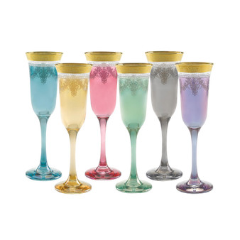 Multicolor Flutes with a with Gold Band, Set of 6