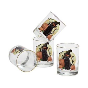 14-Ounce 22 Carat Gold-Tone Rim DOF (Double Old Fashioned) Glass Set of 4 - Witch Cat Moon