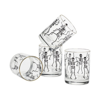 14-Ounce 22 Carat Gold-Tone Rim DOF (Double Old Fashioned) Glass Set of 4 - Dancing Skeletons