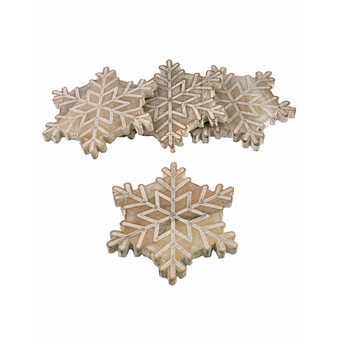 Richly Grained Snowflake Coasters in Acacia Wood with a Washed Finish Set, 4 Piece