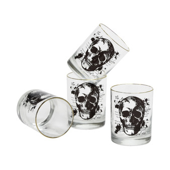 14-Ounce 22 Carat Gold-Tone Rim DOF (Double Old Fashioned) Glass Set of 4 - Spooky Skull