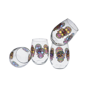 Sugar Skull Stemless Wine Glass 15-Ounce Set of 4
