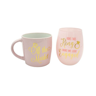 Off the Market Mug and Does This Ring Make Me Look Engaged Wine Glass Set, 2 Pieces