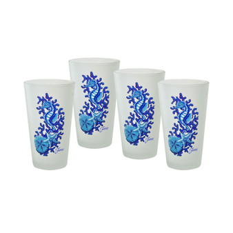 Coastal Seahorse Frosted 16 Oz Tapered Cooler Glass, Set of 4