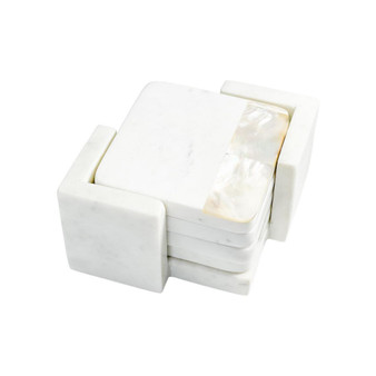 White Mother of Pearl White Marble Coasters with Holder (set of 4)