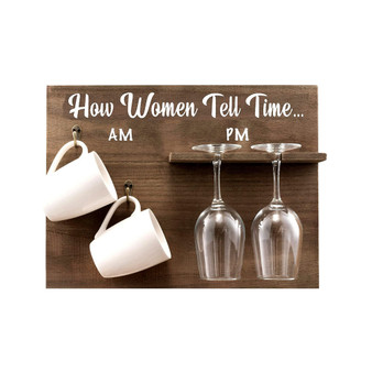 How Woman Tell Time Wall Mounted Wine Rack with Wine Glasses and Coffee Mugs, Set of 5