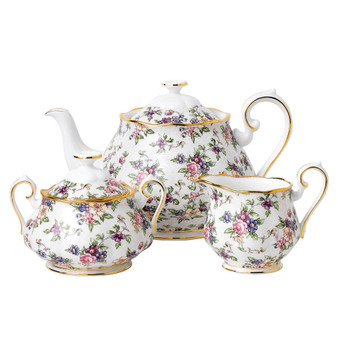 100 Years 1940 3-Piece Set, Teapot Sugar & Creamer-English Chintz
