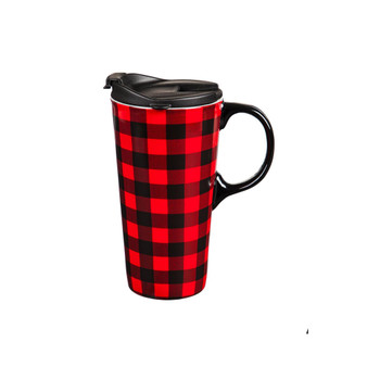 Ceramic Travel Cup, 17 OZ. ,w/box, Red  Black Buffalo Plaid