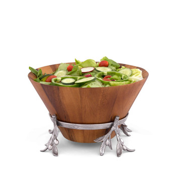 Acacia Wood Salad Bowl in Metal Stand, Sand-Cast Aluminum Stand in Olive Pattern