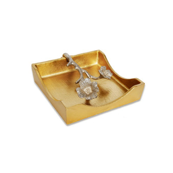 7"D Gold Square Napkin Holder With Silver Leaf Design