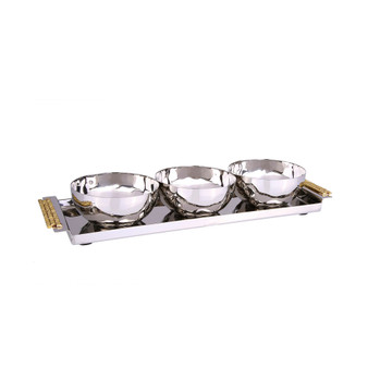 3 Bowl Relish Dishes with 12" Rectangular Tray and Mosaic Handles