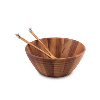 Bee Hive Shaped Wood Salad Bowl and Salad Server Set with Pewter Bee Accent