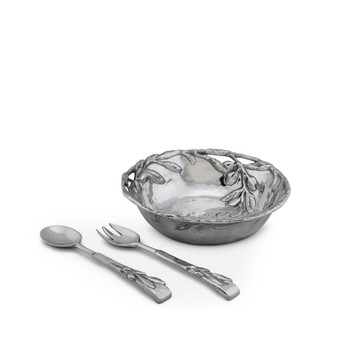 Sand-Cast Aluminum Salad Set, Olive Pattern, 3 Pieces Bowl Plus 2 Servers