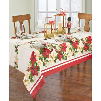 Red and White Poinsettias Tablecloth - 60" x 144"