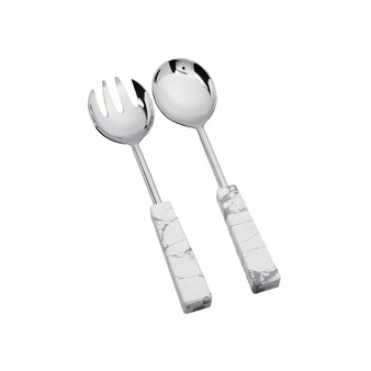 Set of 2 Stainless Steel Salad Servers with White and Gray Stone Handles