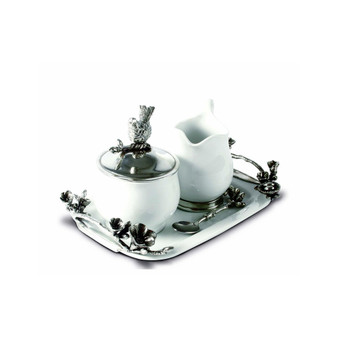 Stoneware Creamer Set - Pewter Song Bird Long Tray with Creamer, Sugar Bowl and Spoon