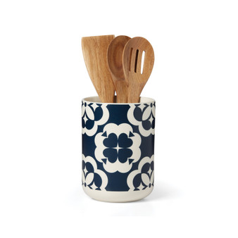 Elegant Geo Utensil Crock with Wood Utensils Set