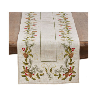 Christmas Table Runner with Embroidered Pinecone and Holly Design