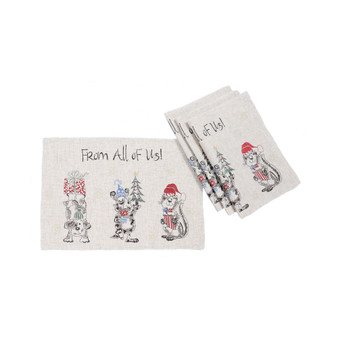 Animal's Fun Holiday Party Embroidered Placemats 14" x 20", Set of 4
