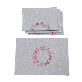 Holly Berry Wreath Embroidered Christmas Placemats, Set of 4