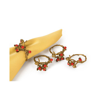 Holly Berry Holiday Painted Brass Metal with Resin Berry Napkin Rings, Set of 4