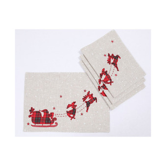 Applique Tartan Santa Sleigh with Reindeers Christmas Placemats 14" x 20", Set of 4