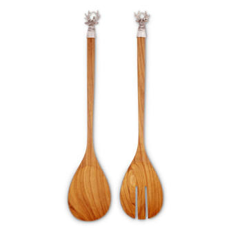 Teak Wood and Solid Pewter "Elk Head" Accents Salad Server Set