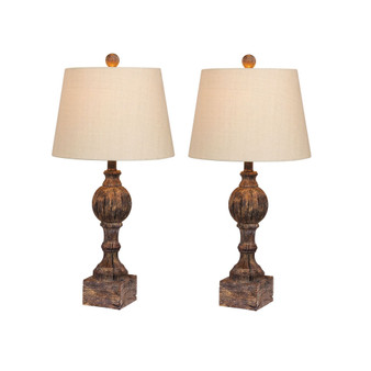 Distressed Sculpted Column Resin Table Lamps, Set of 2