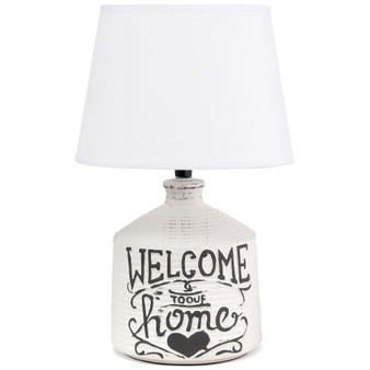 Simple Designs Welcome Home Rustic Ceramic Farmhouse Foyer Entryway Accent Table Lamp with Fabric Shade