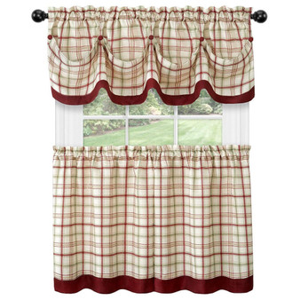 Country Farmhouse Plaid 3 Pc Tattersall Cafe Kitchen Curtain Tier & Valance Set
