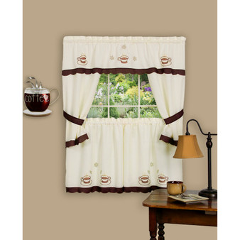 Cuppa Joe Embellished Cottage Window Curtain Set, 58x36