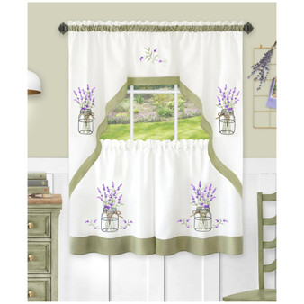 Montauk Accents Lavender Floral Embellished Complete 3 Piece Kitchen Curtain Tier & Valance Set