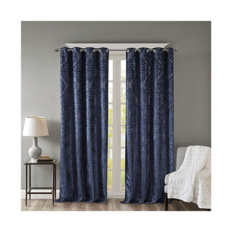 Knitted Jacquard Damask Total Blackout Grommet Curtain Panel, Navy - 84" Panel