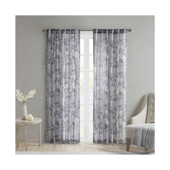 1-PC Simone Printed Floral Rod Pocket and Back Tab Voile Sheer Curtain - 50x84" - Grey