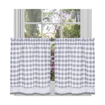 2 Piece Country Farmhouse Buffalo Plaid Rod Pocket Cafe Tier Curtain Panels With Macrame Border