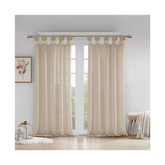 1-PC Embellished Cuff Tab Top Solid Window Curtain Panel, Linen - 50x63"