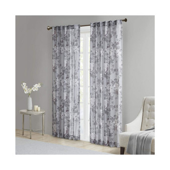 Simone Printed Floral Rod Pocket and Back Tab Voile Sheer Curtain - 50x95" - Grey