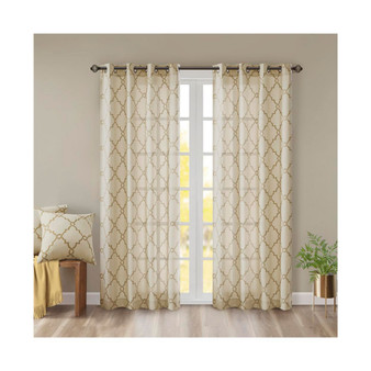1-PC Saratoga Fretwork Print Grommet Top Window Curtain Panel - 50x63" - Beige/Gold