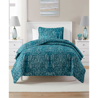 Fiji Teal Medallion Printed Pinsonic Quilt Set, Twin